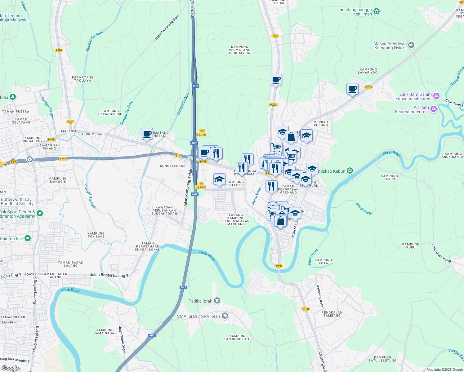 map of restaurants, bars, coffee shops, grocery stores, and more near 64 Lorong Sungai Dua Utama 4 in Butterworth