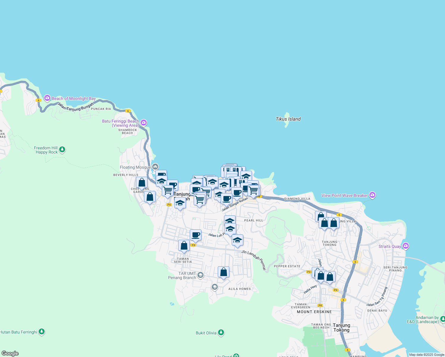 map of restaurants, bars, coffee shops, grocery stores, and more near in Tanjung Bungah