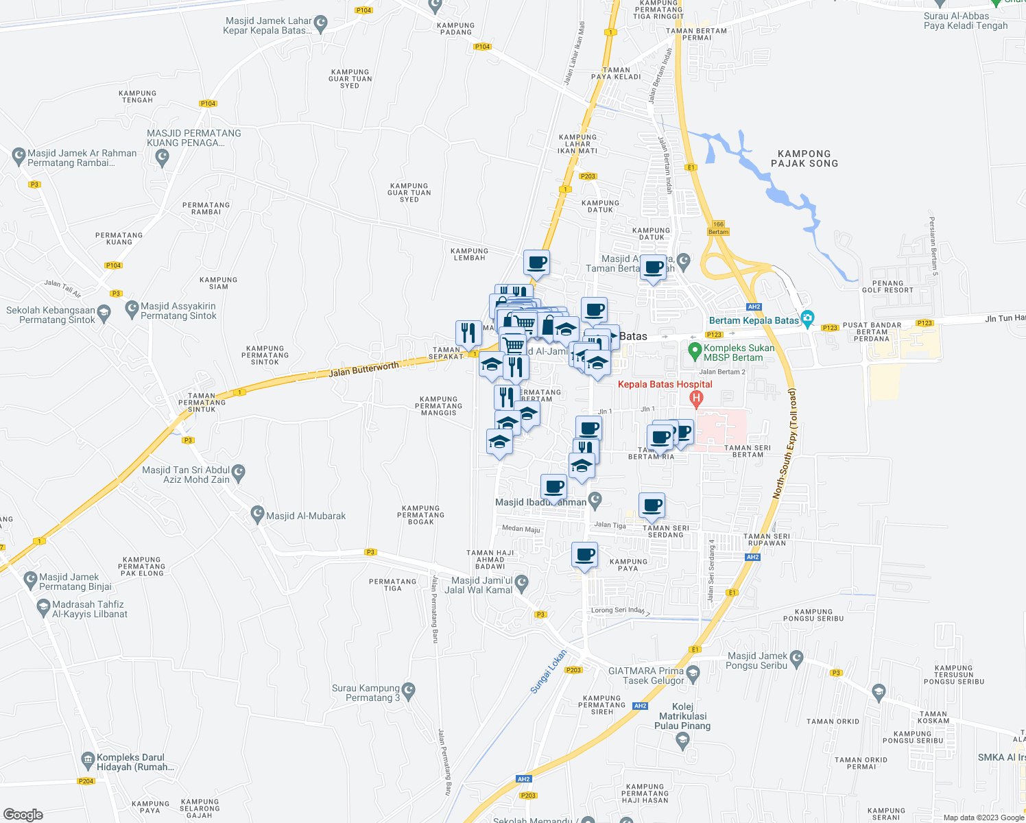map of restaurants, bars, coffee shops, grocery stores, and more near 137 Jalan Perak in Penaga