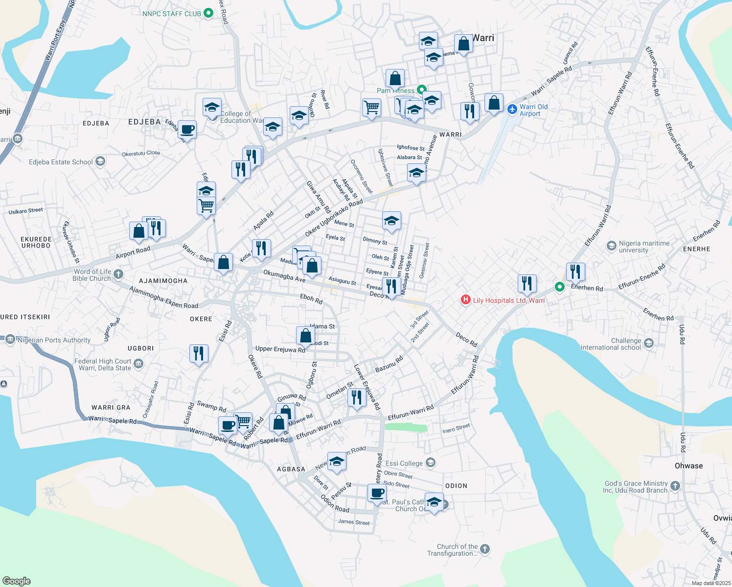 map of restaurants, bars, coffee shops, grocery stores, and more near Okumagba Avenue in Warri
