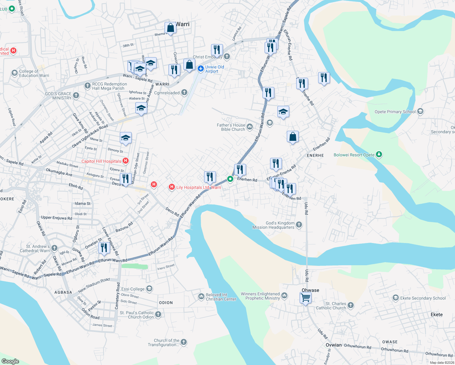 map of restaurants, bars, coffee shops, grocery stores, and more near Warri Sapele Road in Warri
