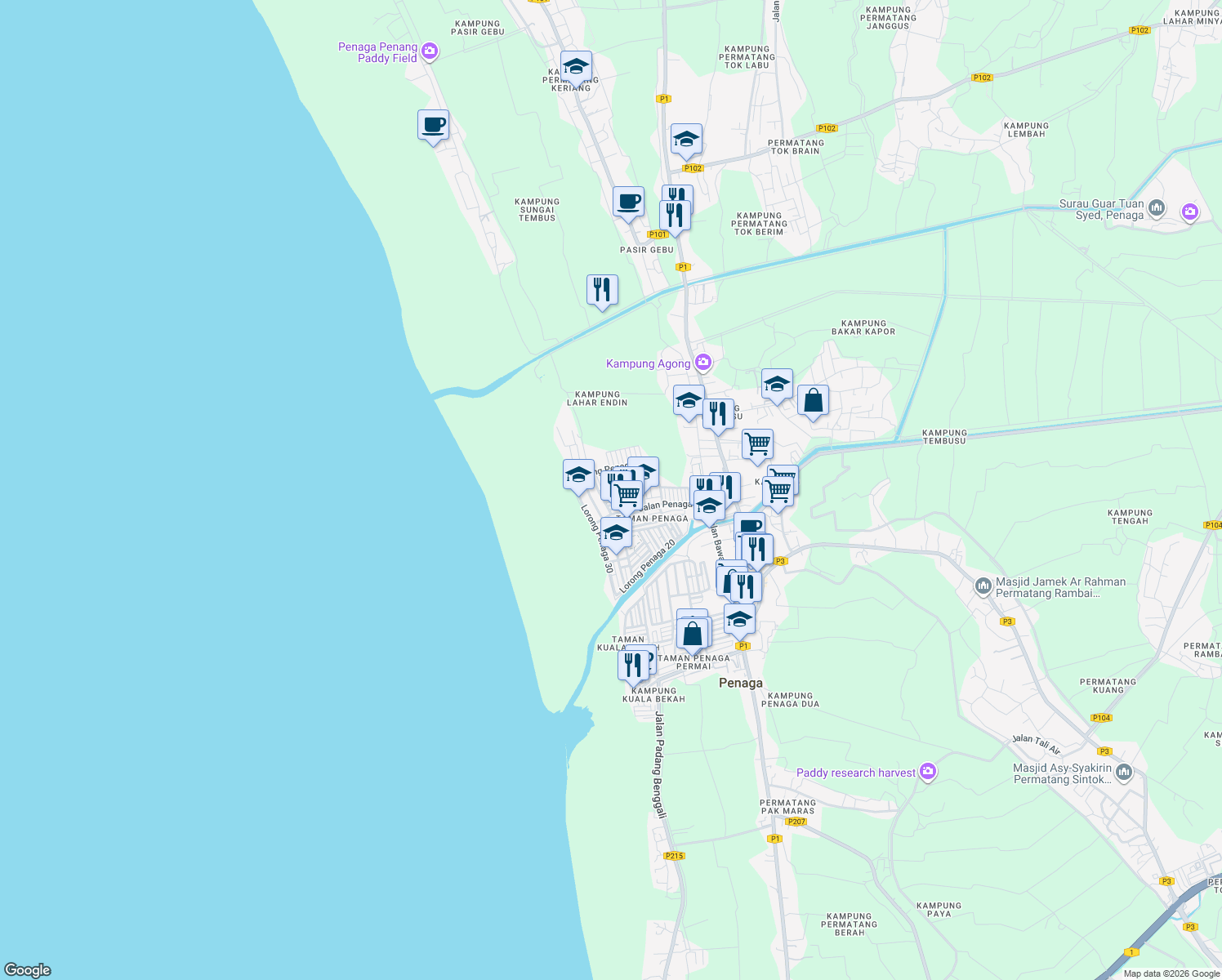 map of restaurants, bars, coffee shops, grocery stores, and more near 20 Lorong Penaga 31 in Penaga