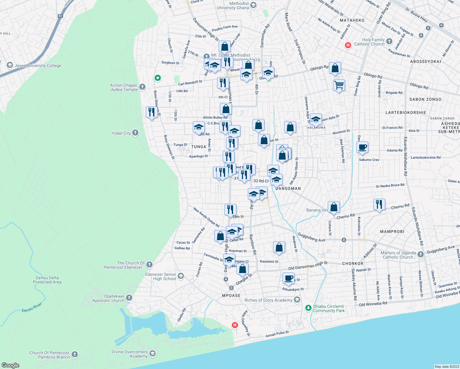 map of restaurants, bars, coffee shops, grocery stores, and more near Dansoman High Street in Accra