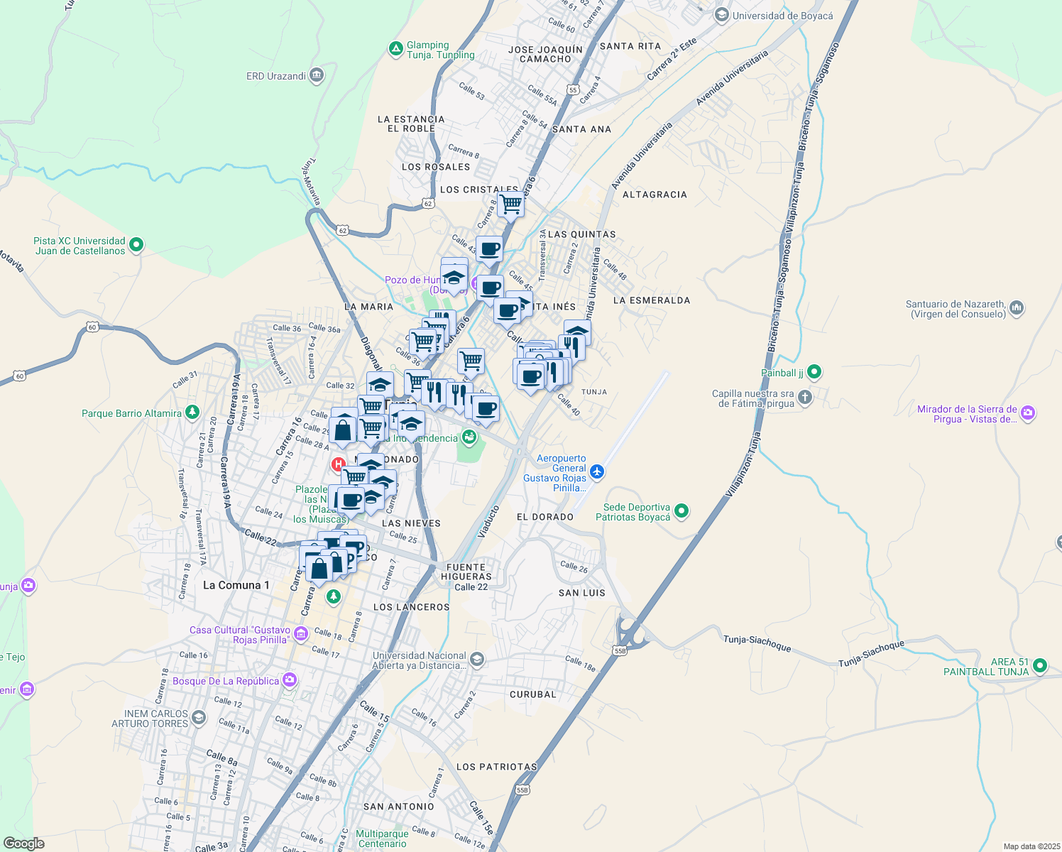 map of restaurants, bars, coffee shops, grocery stores, and more near Avenida Universitaria in Tunja