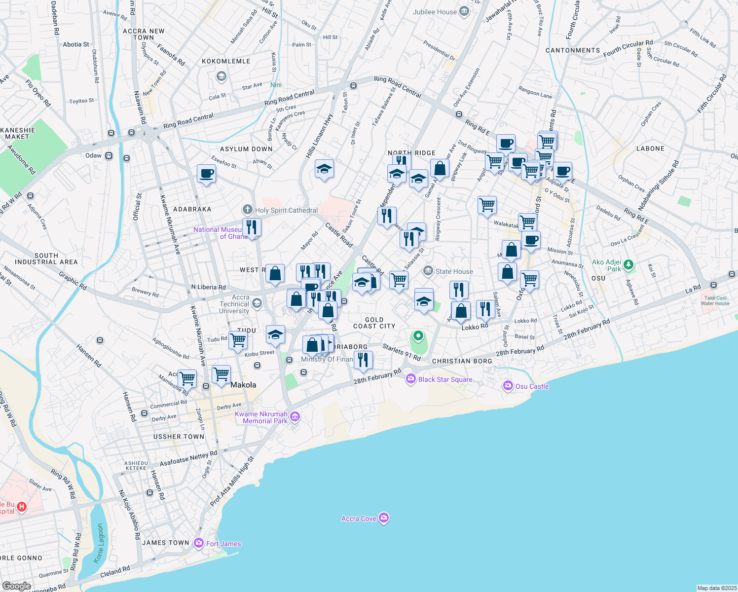 map of restaurants, bars, coffee shops, grocery stores, and more near Egypt Road in Accra