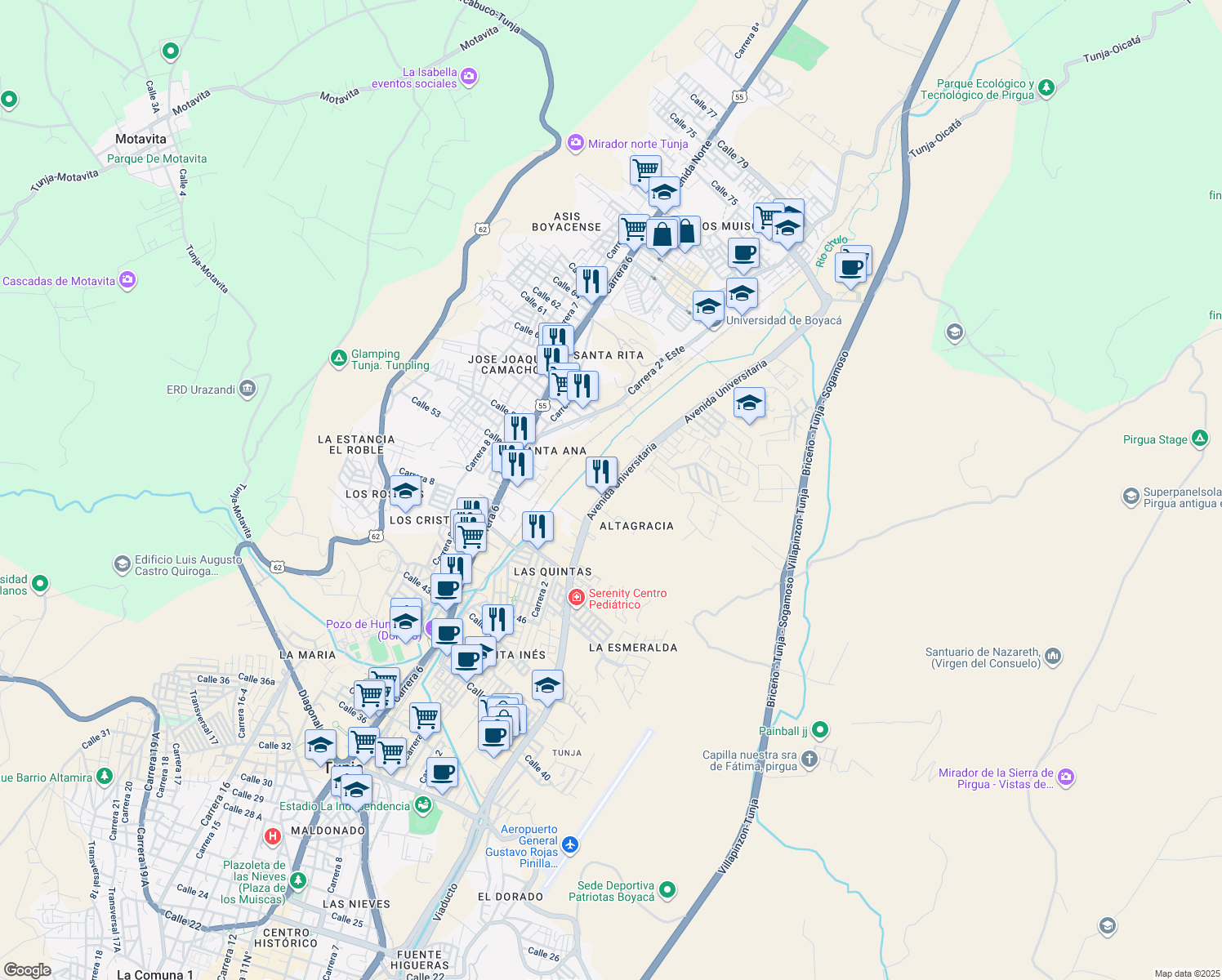 map of restaurants, bars, coffee shops, grocery stores, and more near Avenida Universitaria in Tunja