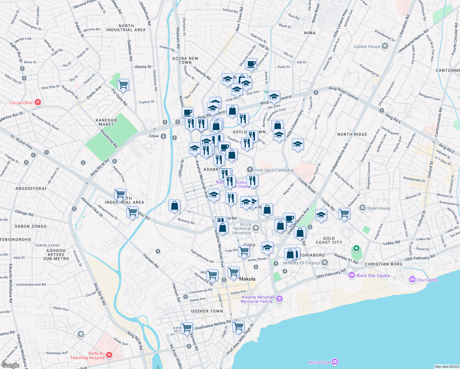 map of restaurants, bars, coffee shops, grocery stores, and more near Tetteh Quarshie Avenue in Accra