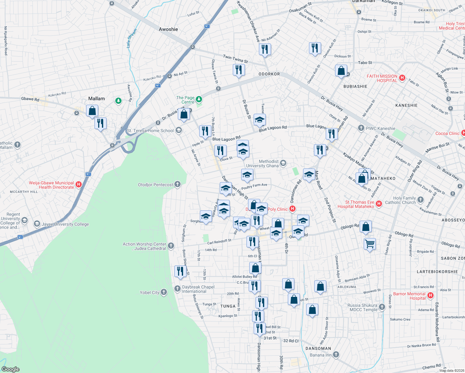 map of restaurants, bars, coffee shops, grocery stores, and more near Dansoman High Street in Accra