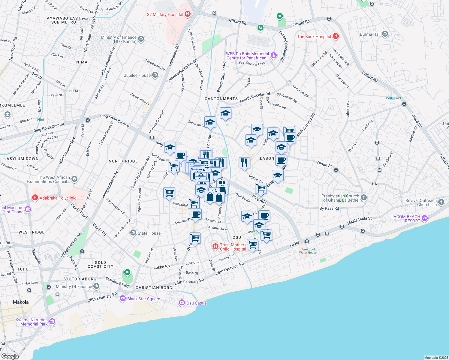 map of restaurants, bars, coffee shops, grocery stores, and more near Ring Road East in Accra