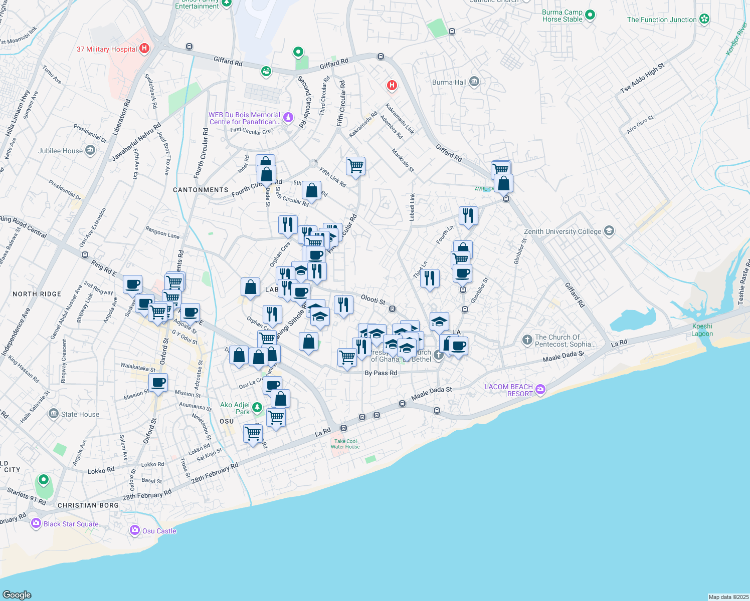 map of restaurants, bars, coffee shops, grocery stores, and more near Olooti Street in Accra