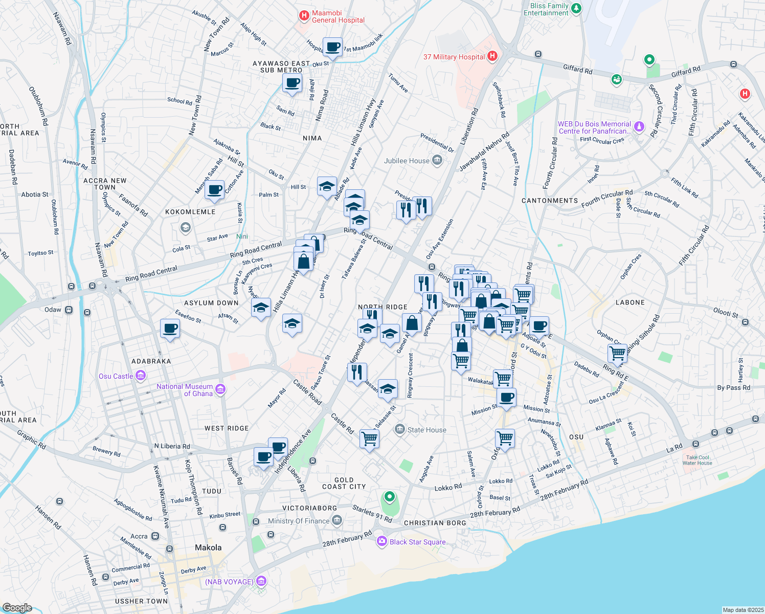 map of restaurants, bars, coffee shops, grocery stores, and more near in Accra