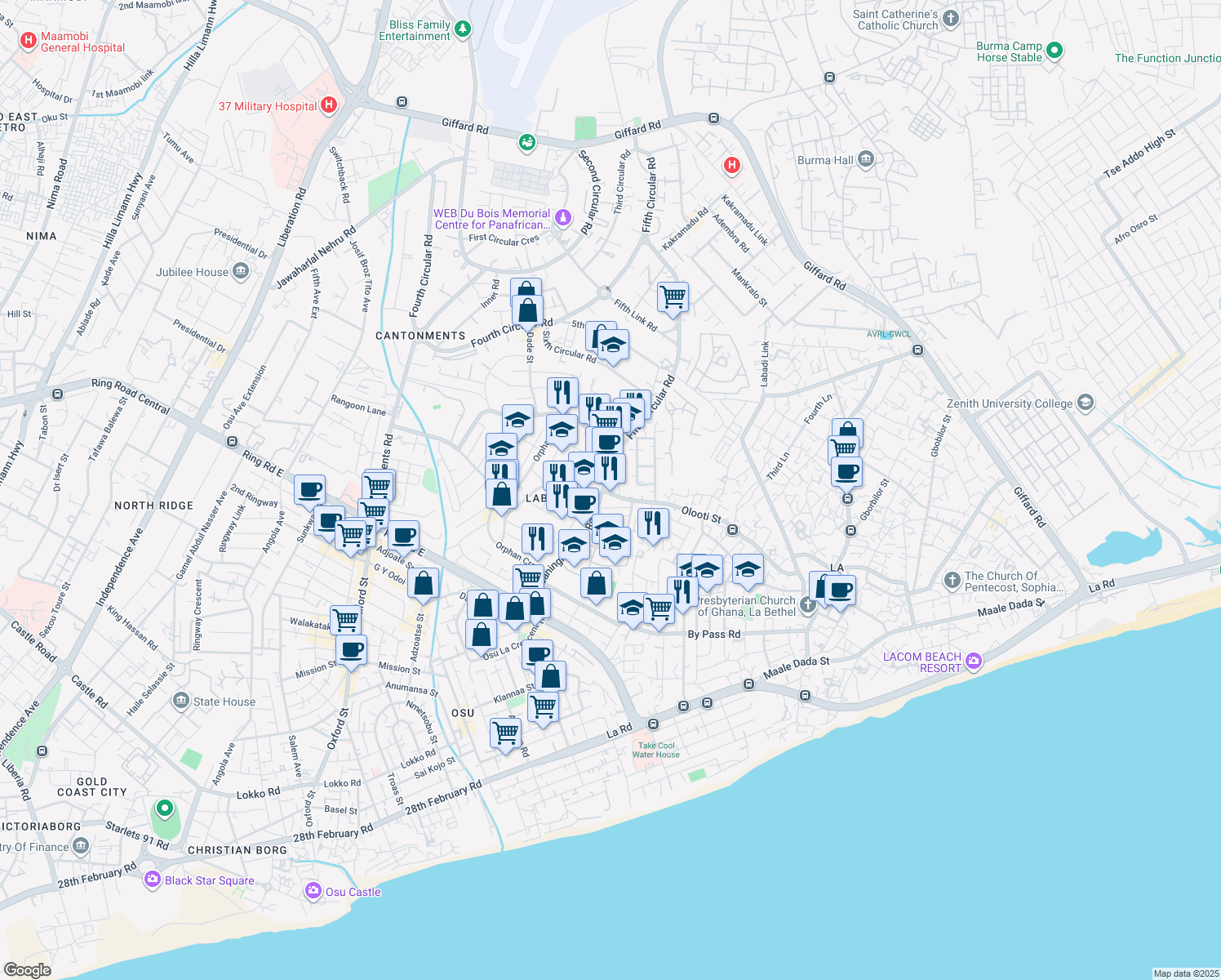map of restaurants, bars, coffee shops, grocery stores, and more near Olooti Street in Accra