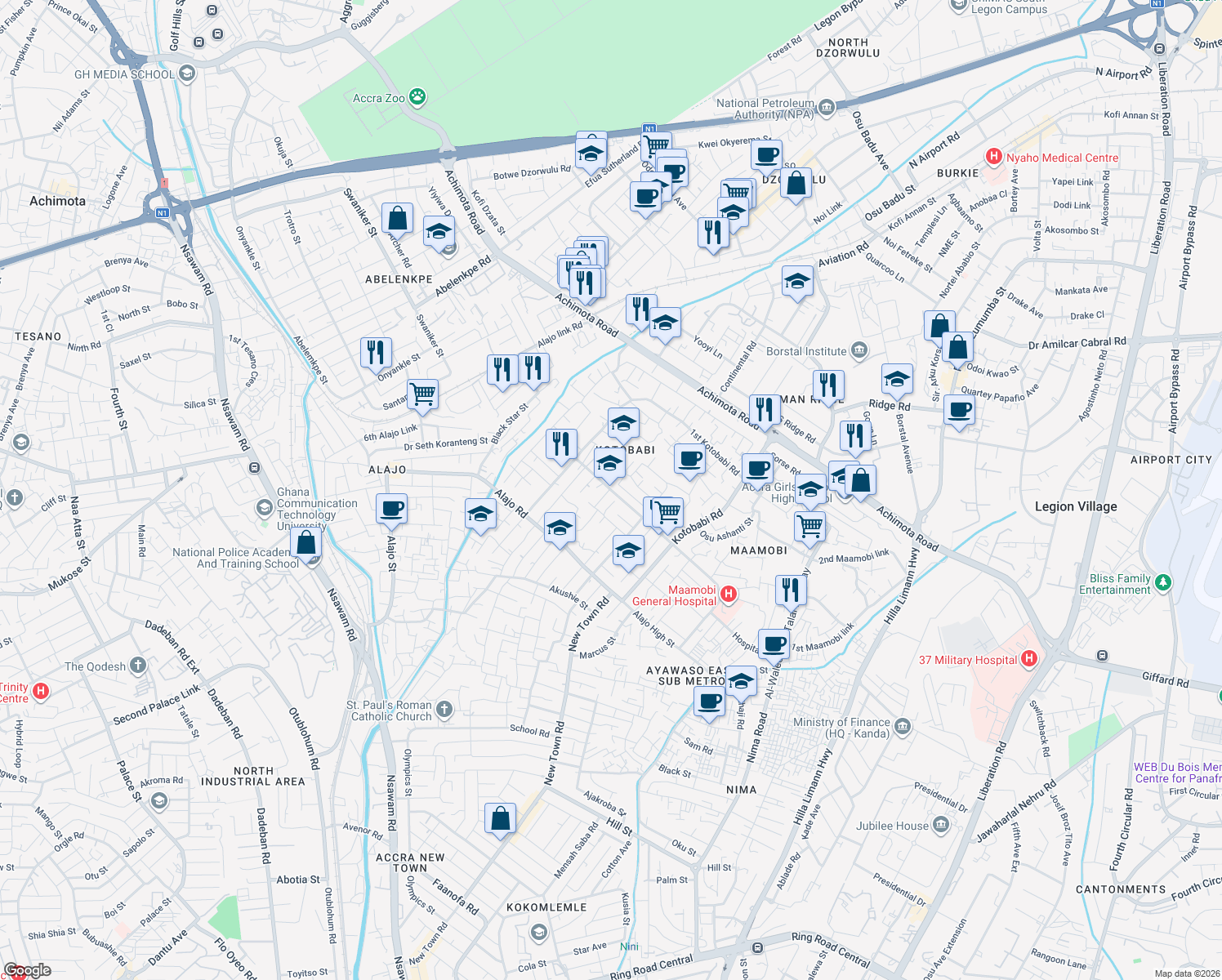 map of restaurants, bars, coffee shops, grocery stores, and more near Asafoatse Mankata Street in Accra