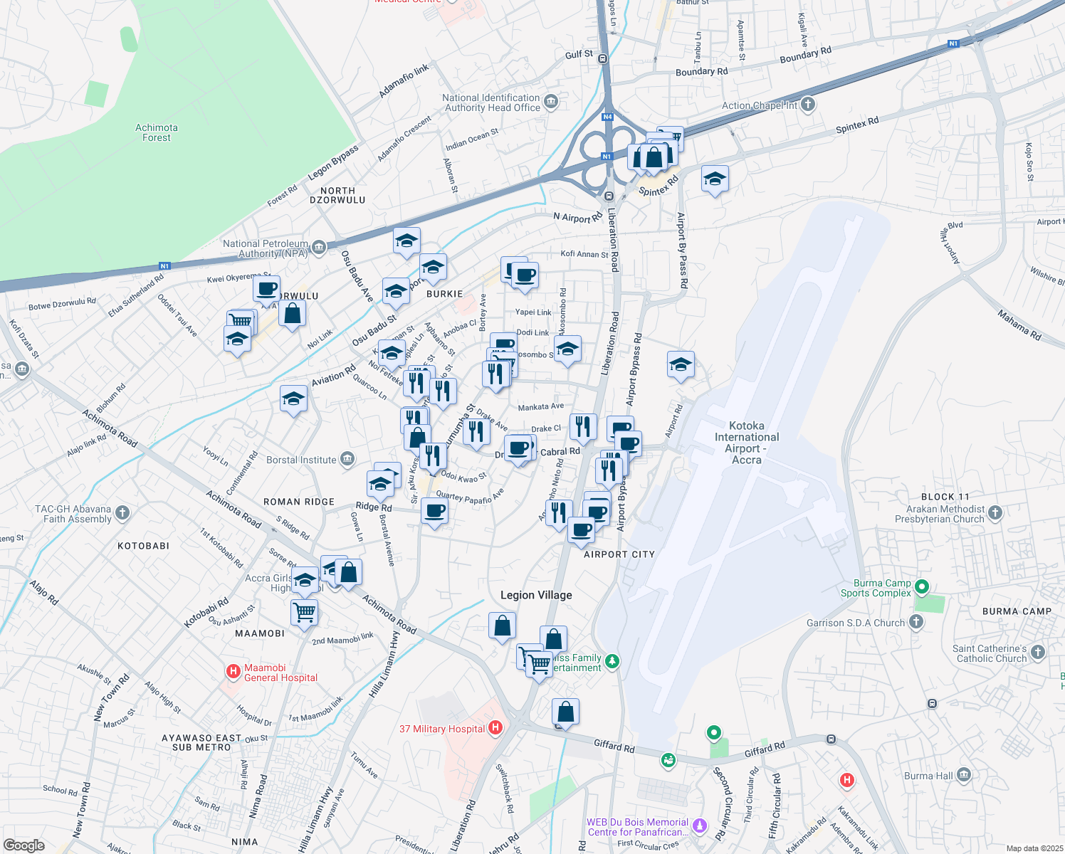 map of restaurants, bars, coffee shops, grocery stores, and more near in Accra