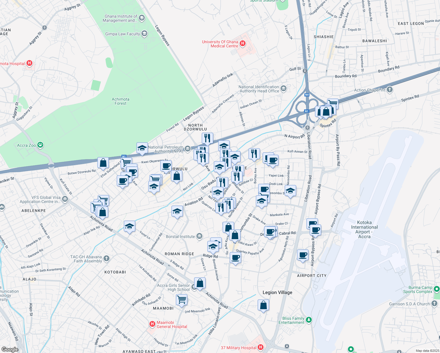 map of restaurants, bars, coffee shops, grocery stores, and more near Osu Badu Crescent in Accra