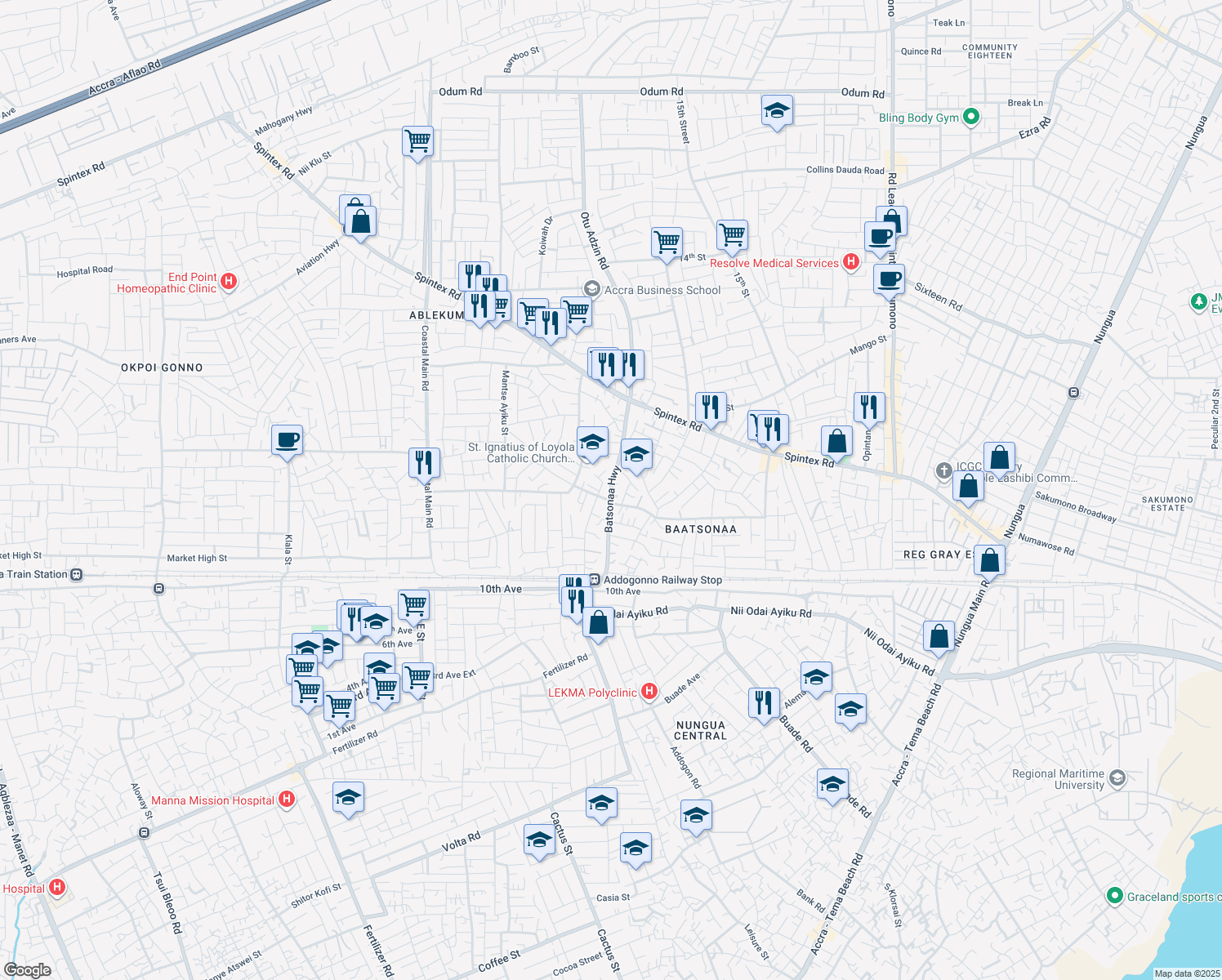 map of restaurants, bars, coffee shops, grocery stores, and more near Batsonaa Highway in Accra
