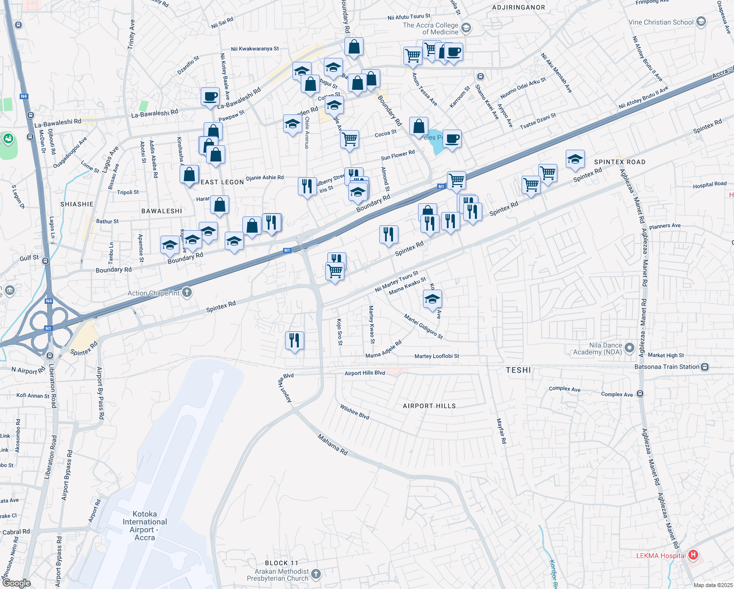 map of restaurants, bars, coffee shops, grocery stores, and more near Nii Martey Tsuru Street in Accra