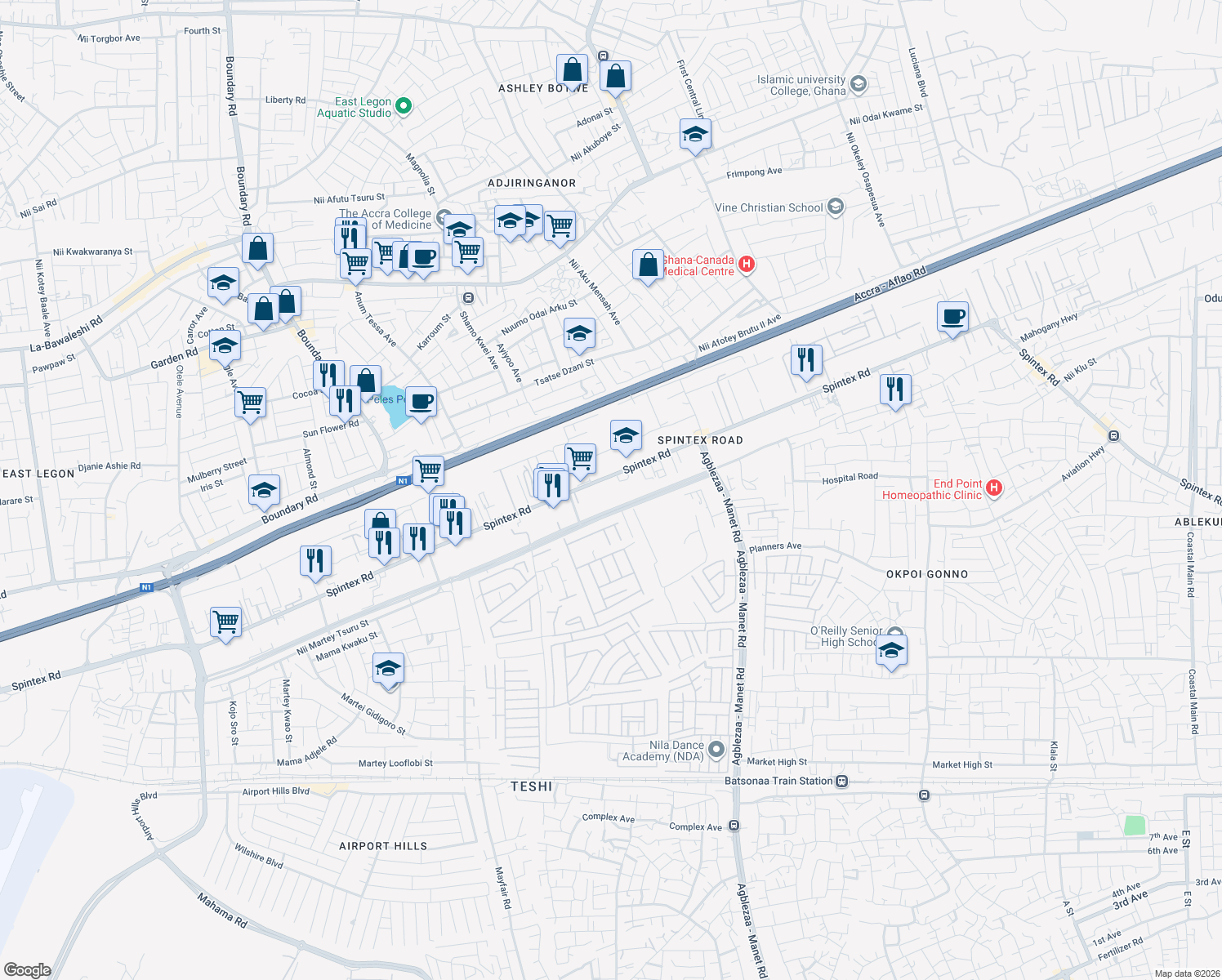 map of restaurants, bars, coffee shops, grocery stores, and more near 35 Spintex Road in Accra