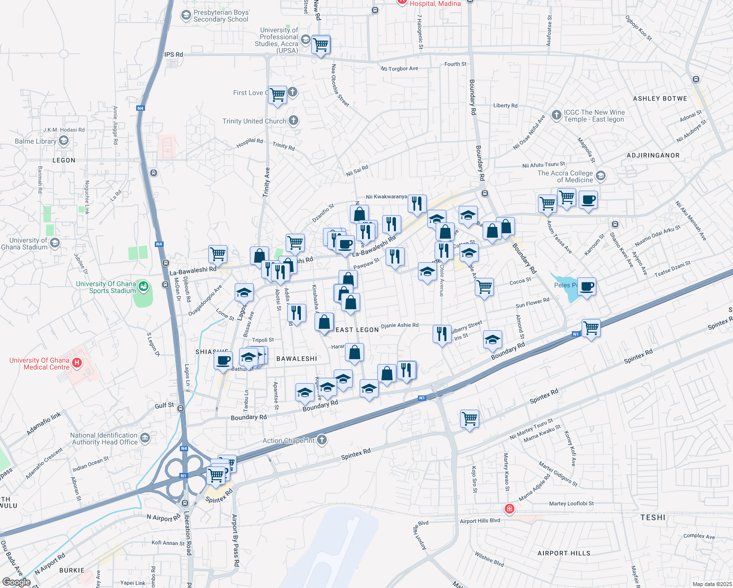 map of restaurants, bars, coffee shops, grocery stores, and more near 38 Nikoi Street in Accra