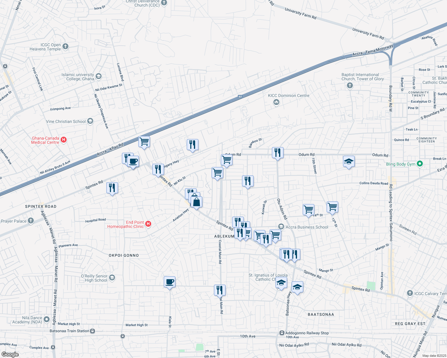 map of restaurants, bars, coffee shops, grocery stores, and more near Unnamed Road in Accra