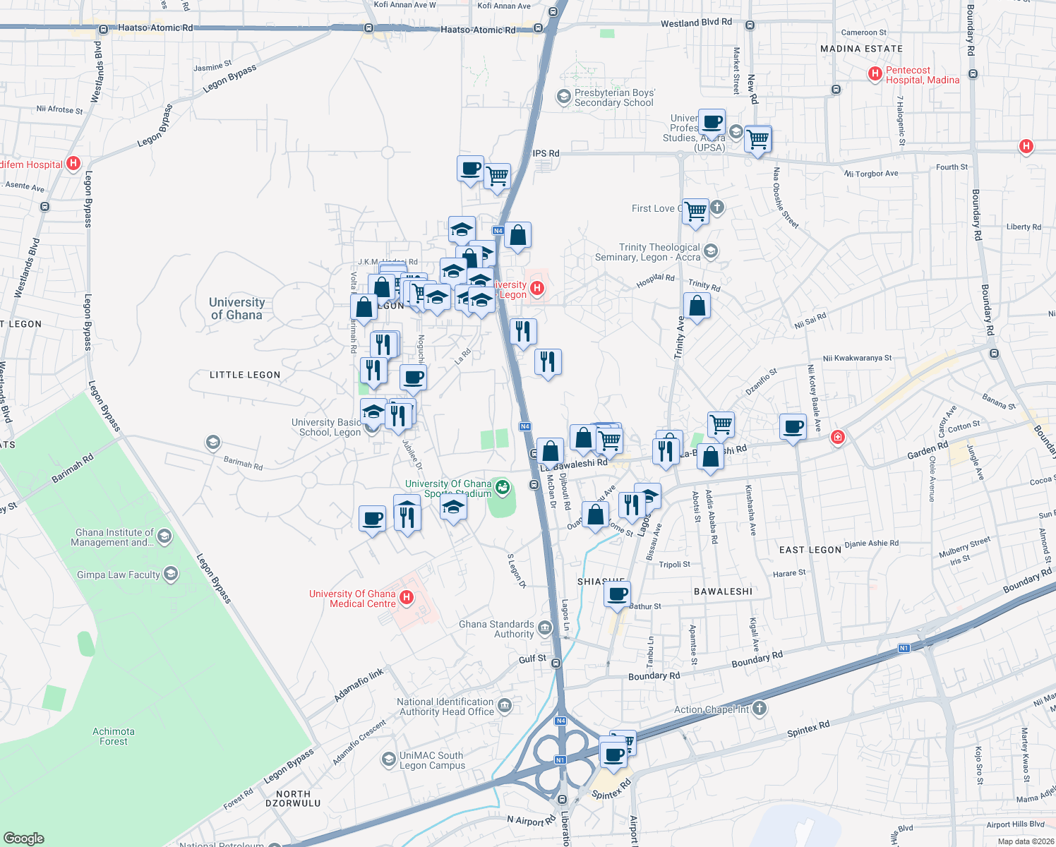 map of restaurants, bars, coffee shops, grocery stores, and more near Legon East Road in Accra