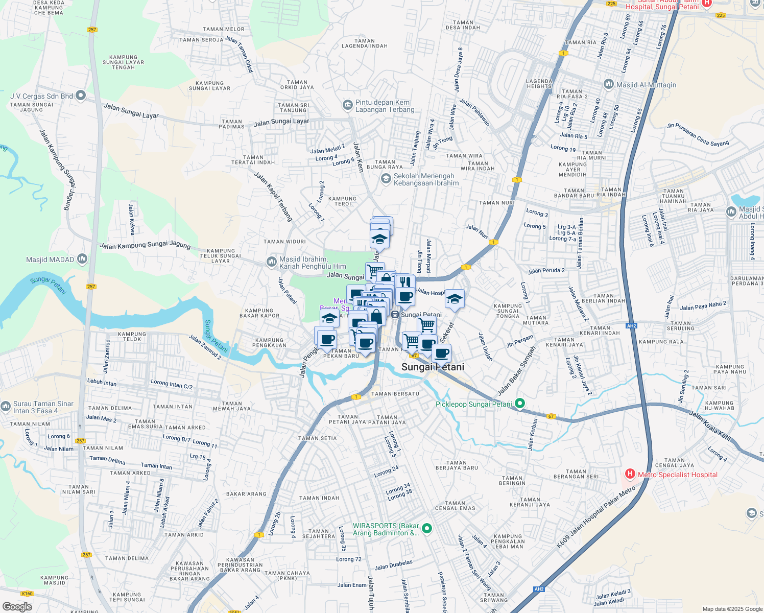 map of restaurants, bars, coffee shops, grocery stores, and more near Jalan Ibrahim in Sungai Petani
