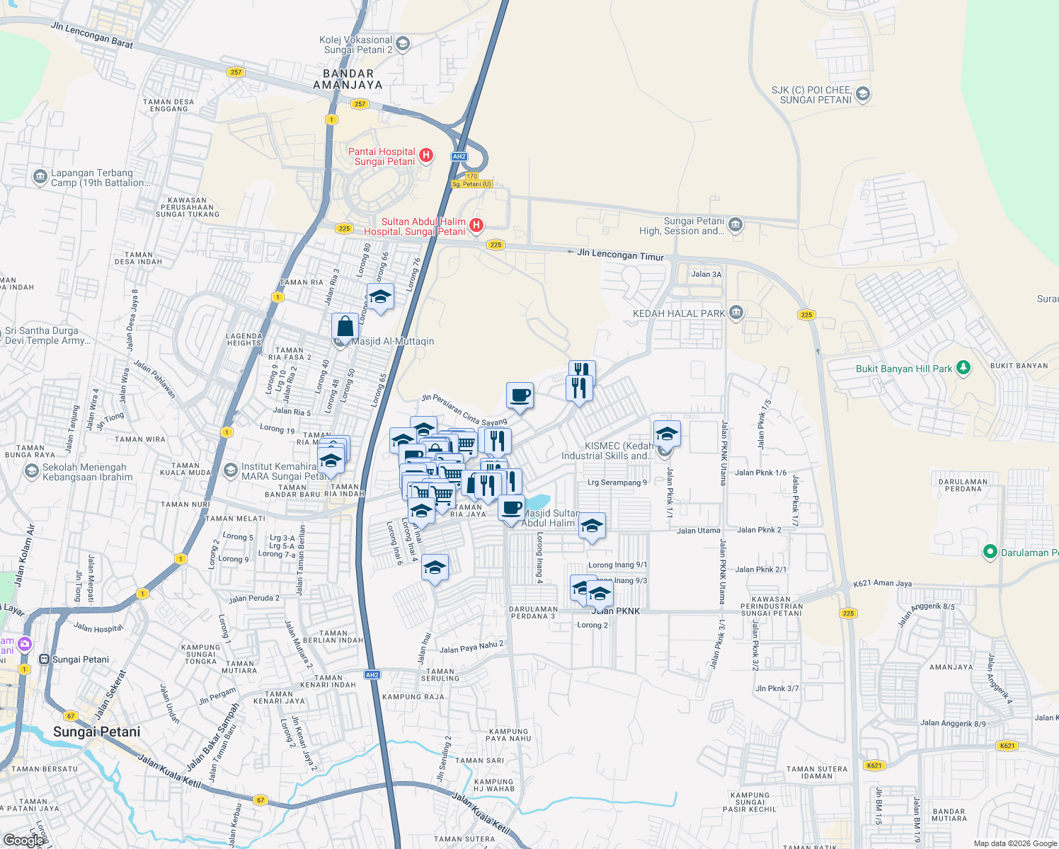 map of restaurants, bars, coffee shops, grocery stores, and more near Persiaran Cinta Sayang in Sungai Petani