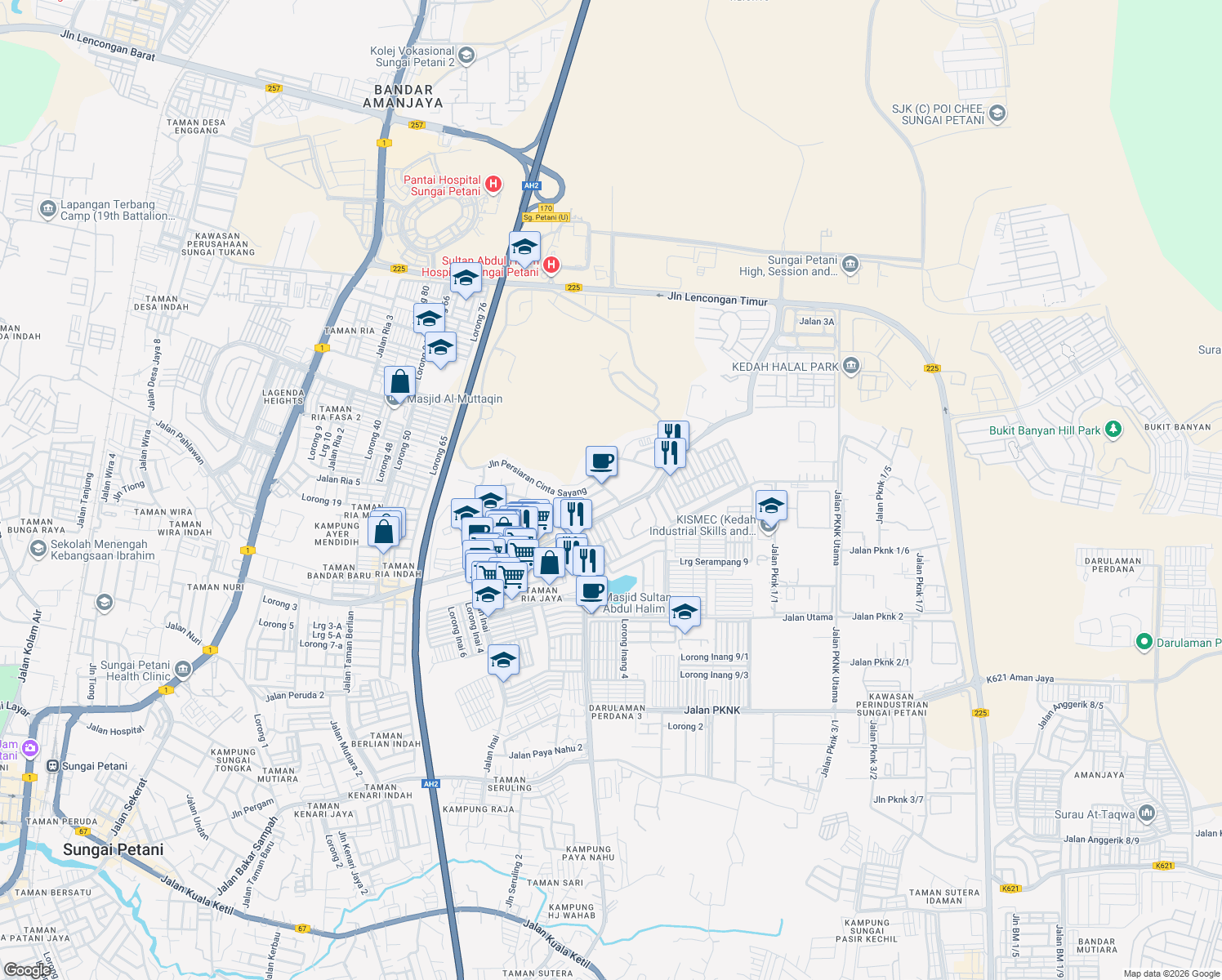 map of restaurants, bars, coffee shops, grocery stores, and more near Persiaran Cinta Sayang in Sungai Petani