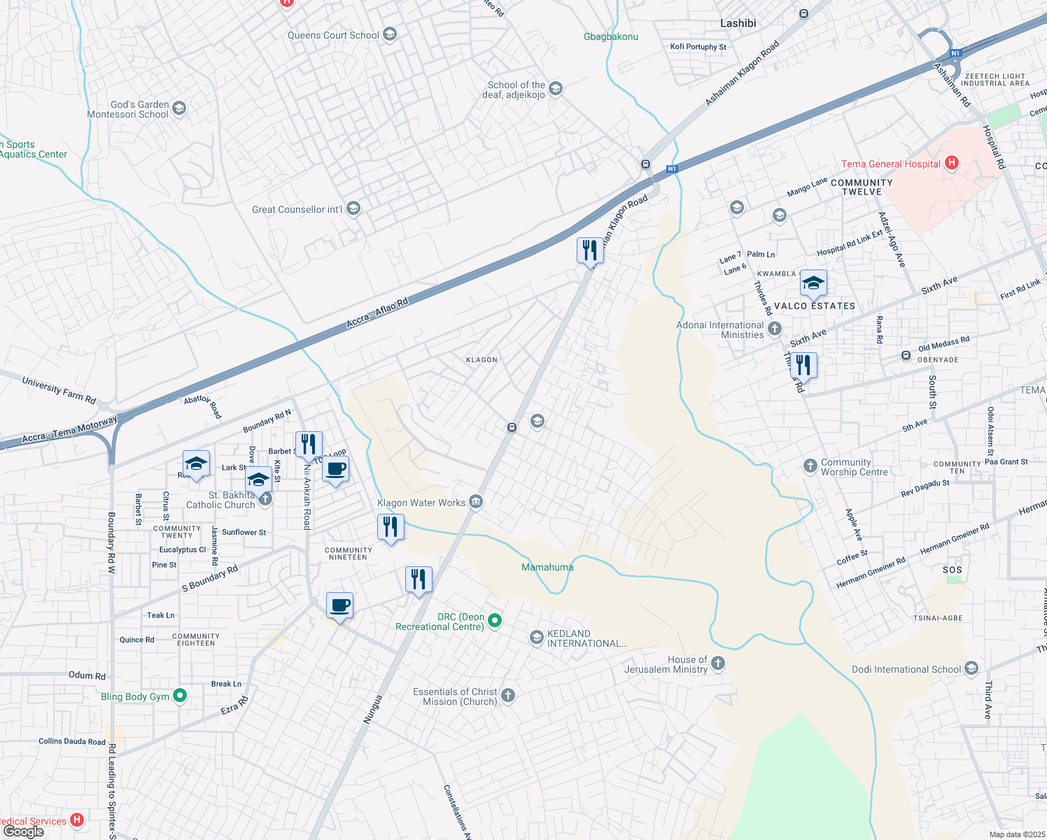map of restaurants, bars, coffee shops, grocery stores, and more near Ashaiman Klagon Road in Tema