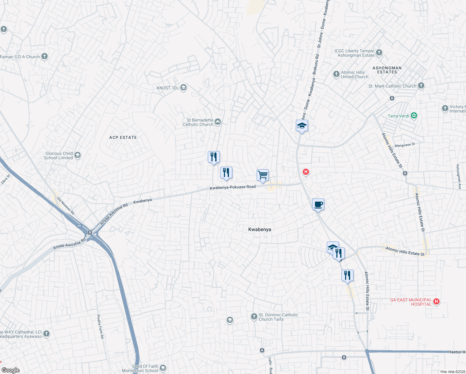 map of restaurants, bars, coffee shops, grocery stores, and more near Kwabenya-Pokuase Road in Kwabenya