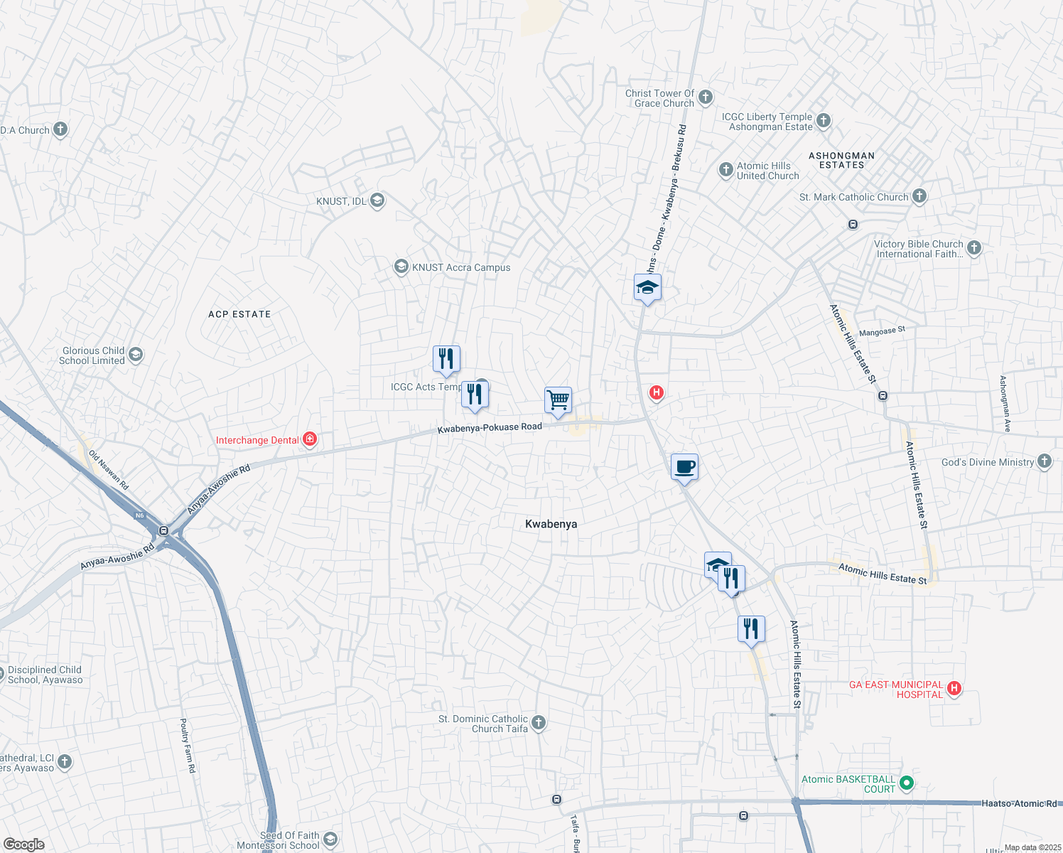 map of restaurants, bars, coffee shops, grocery stores, and more near Kwabenya-Pokuase Road in Kwabenya