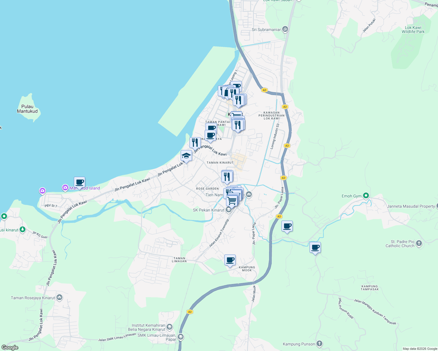 map of restaurants, bars, coffee shops, grocery stores, and more near Jalan Kinarut Spur in Penampang
