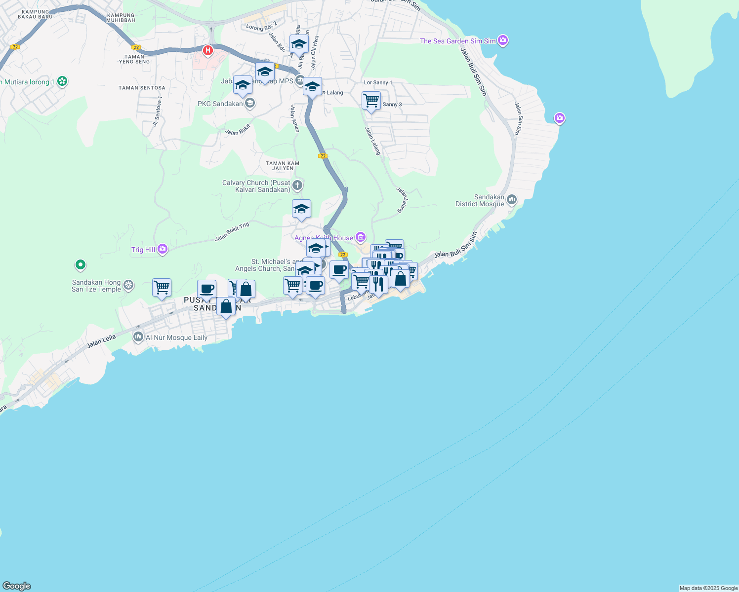 map of restaurants, bars, coffee shops, grocery stores, and more near Jalan Pryer in Sandakan