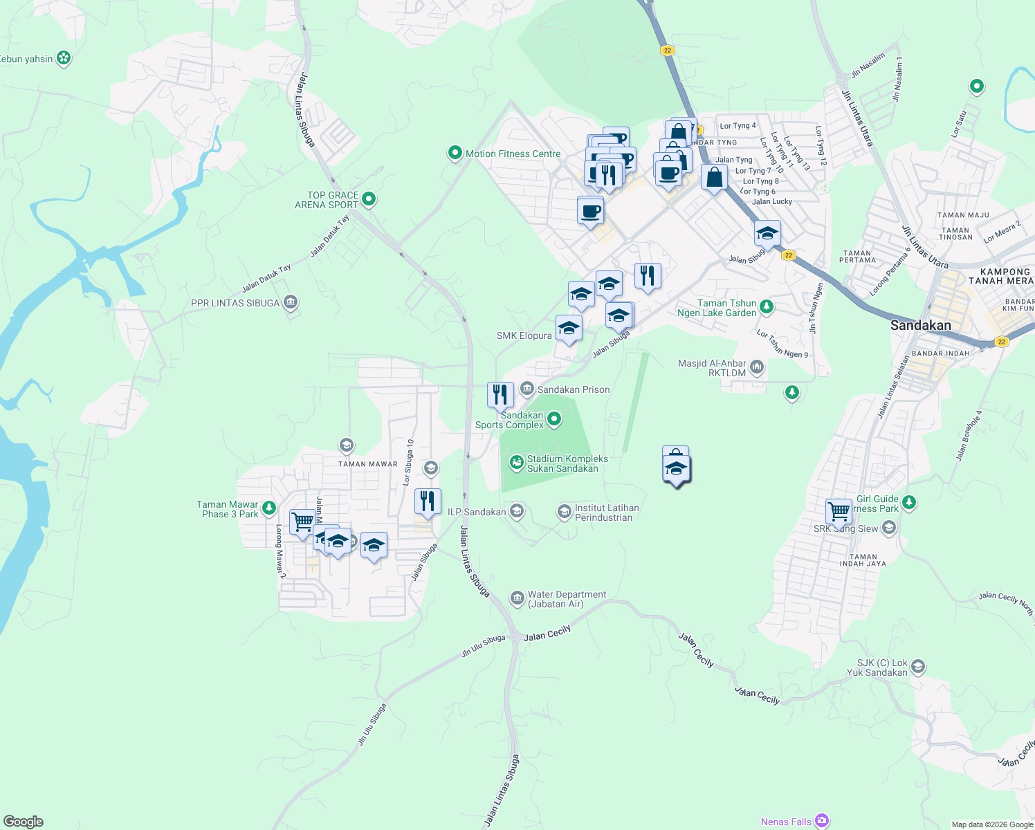 map of restaurants, bars, coffee shops, grocery stores, and more near Jalan Sibuga in Sandakan