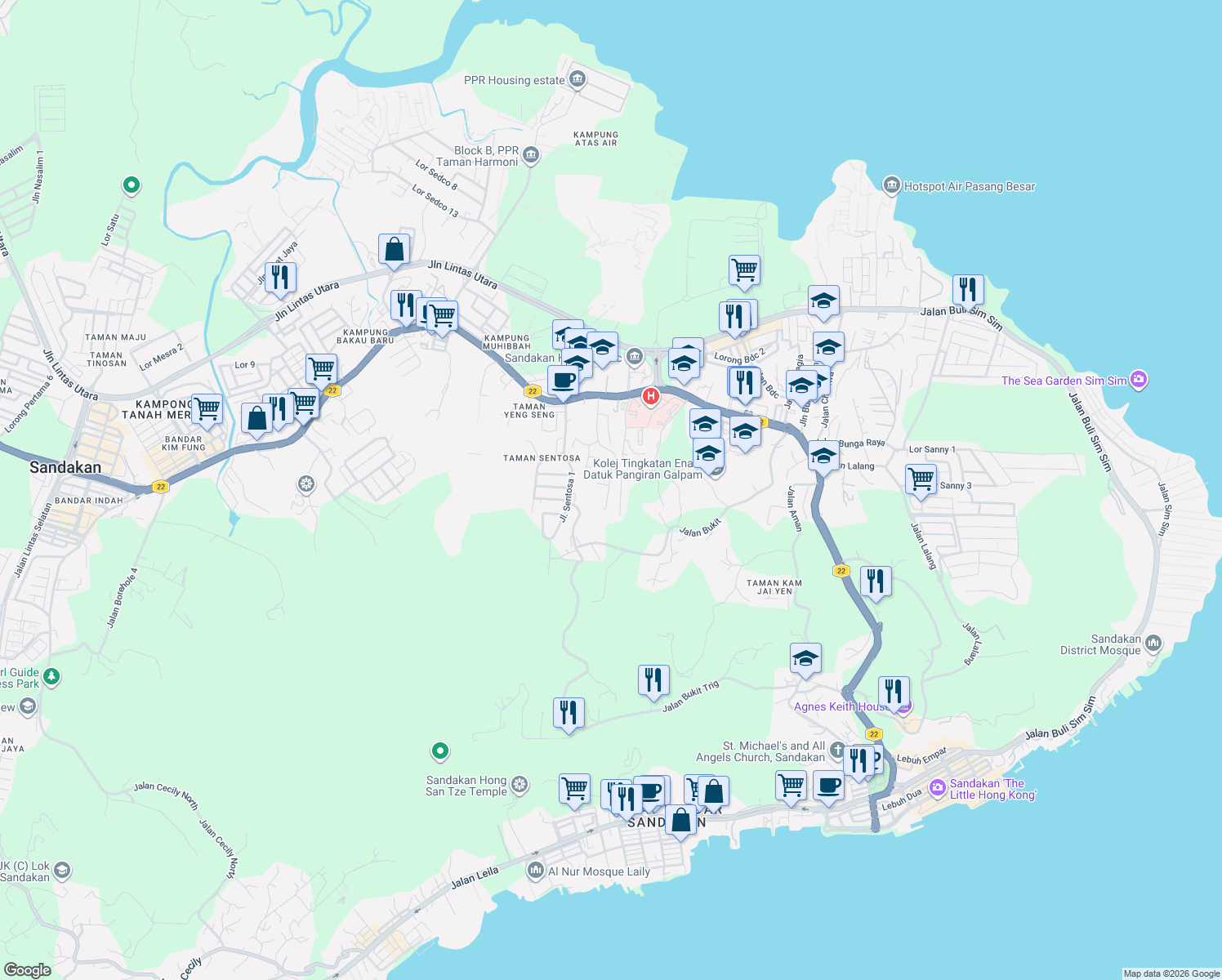 map of restaurants, bars, coffee shops, grocery stores, and more near 19 Jalan Pecky Valley in Sandakan