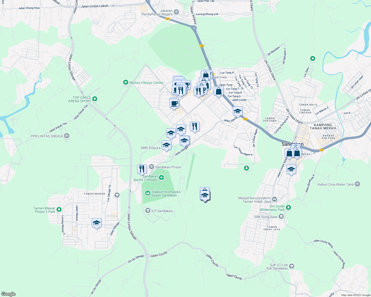 map of restaurants, bars, coffee shops, grocery stores, and more near Jalan Sibuga in Sandakan