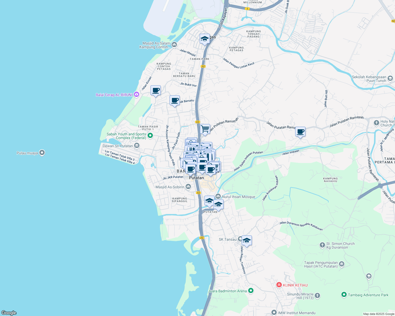map of restaurants, bars, coffee shops, grocery stores, and more near Jalan Putatan in Penampang