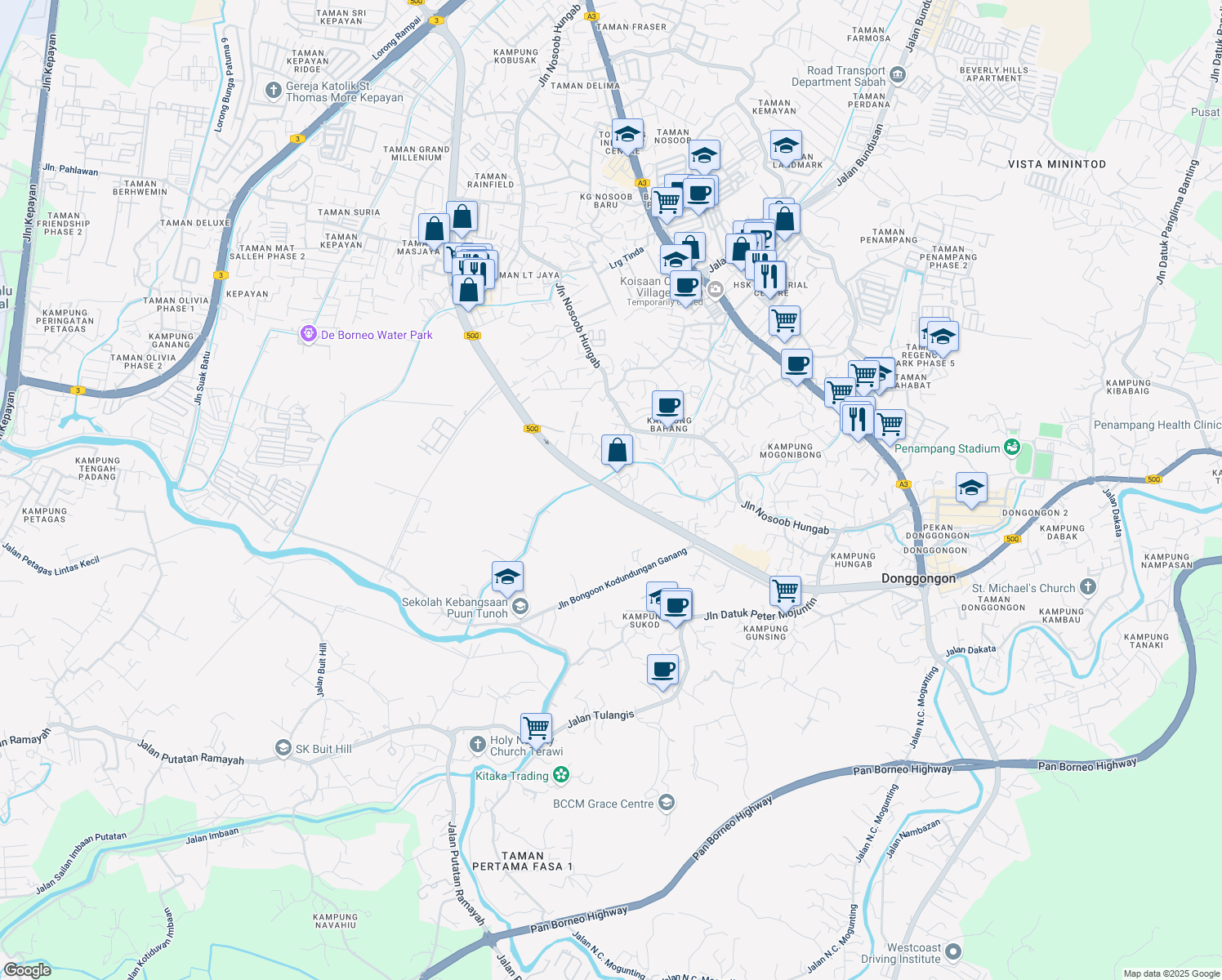 map of restaurants, bars, coffee shops, grocery stores, and more near Jalan Pintas Penampang in Penampang