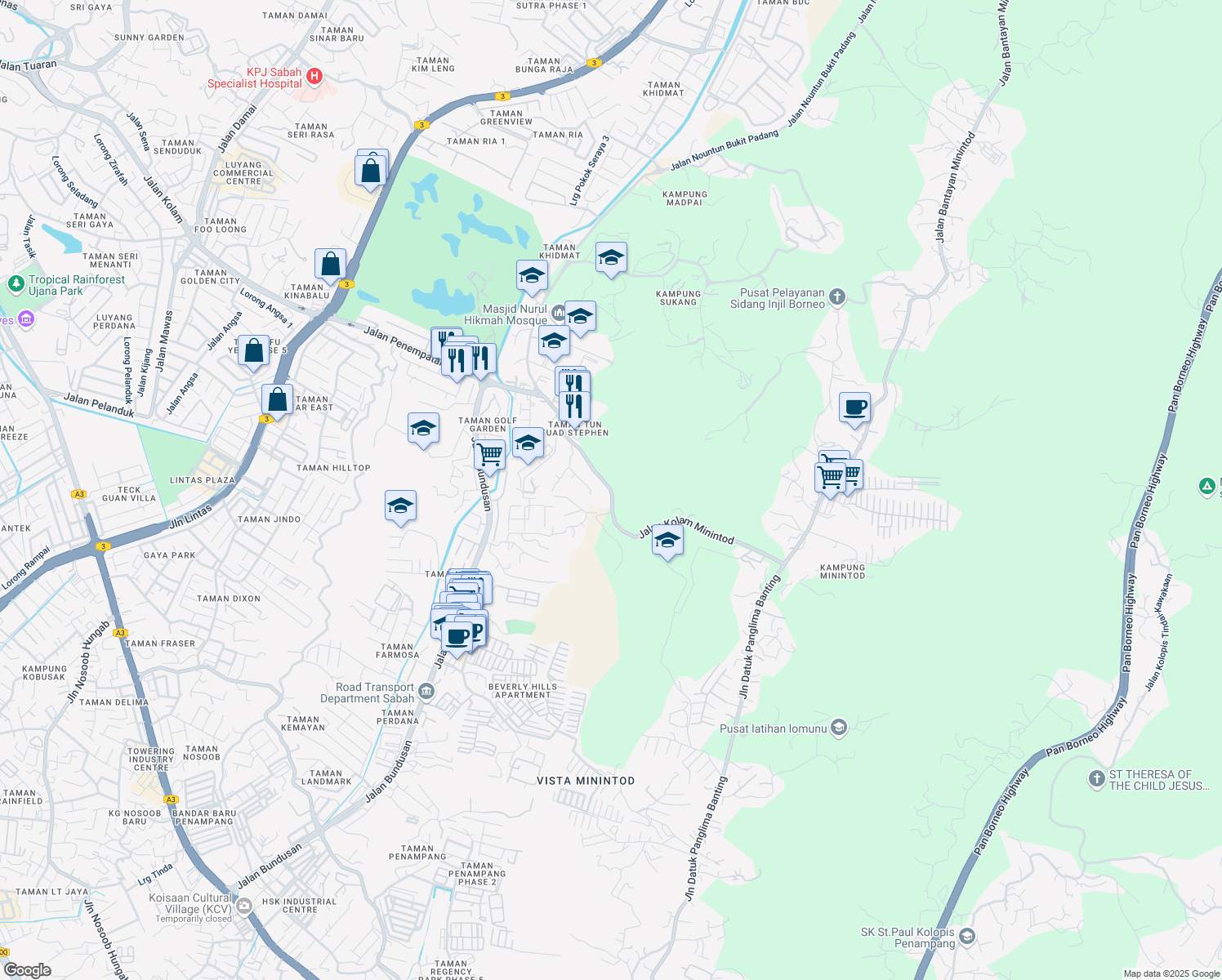 map of restaurants, bars, coffee shops, grocery stores, and more near Jalan Kampung Sukang in Kota Kinabalu