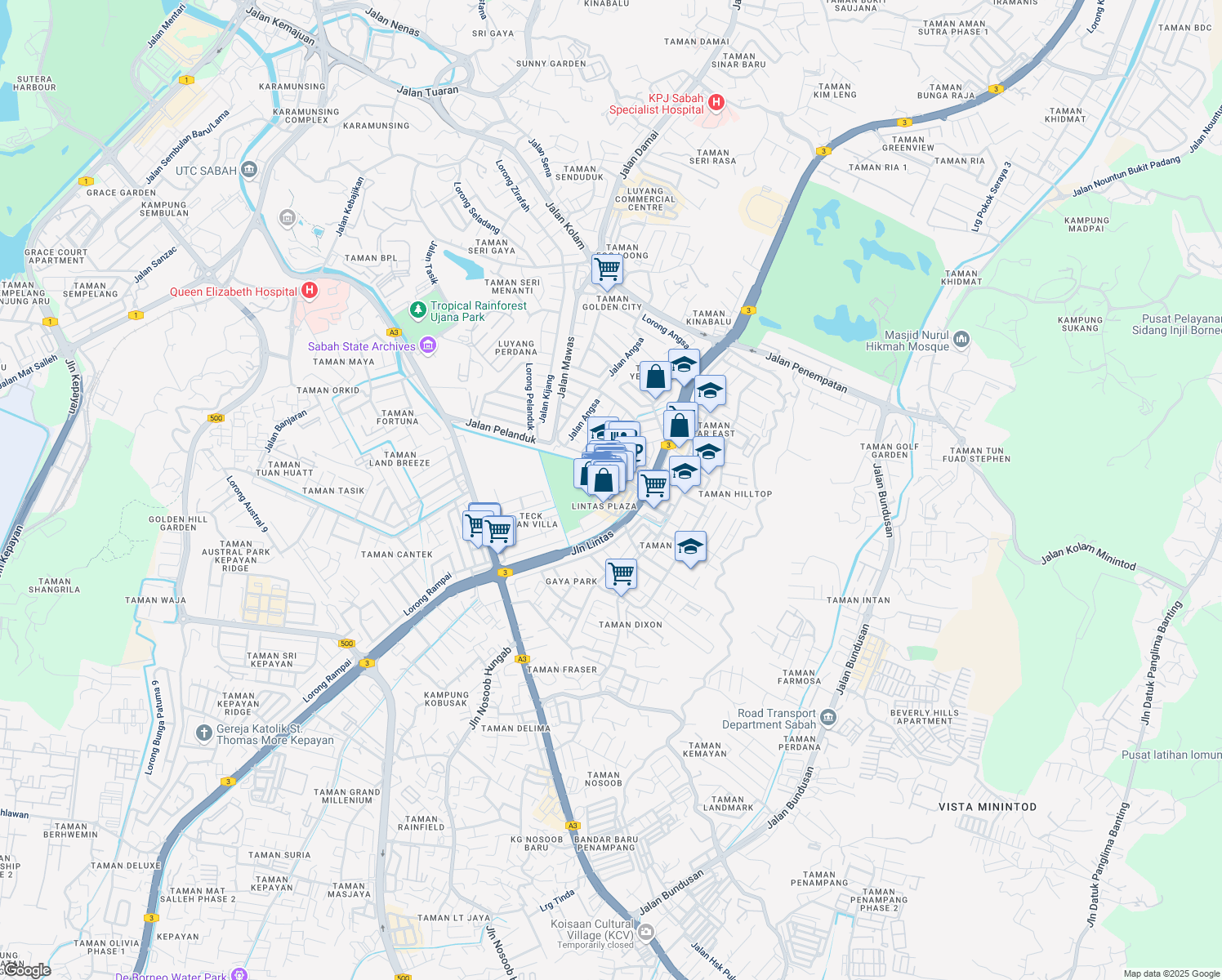 map of restaurants, bars, coffee shops, grocery stores, and more near Lorong Lintas Plaza 2 in Kota Kinabalu