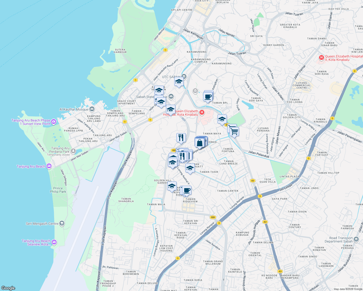 map of restaurants, bars, coffee shops, grocery stores, and more near Jalan Pintas in Kota Kinabalu