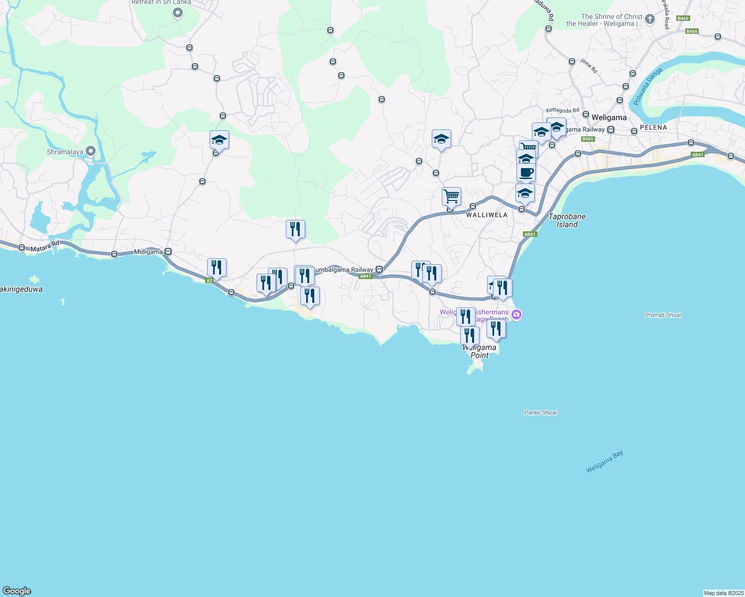 map of restaurants, bars, coffee shops, grocery stores, and more near Abimanagama Road in Weligama