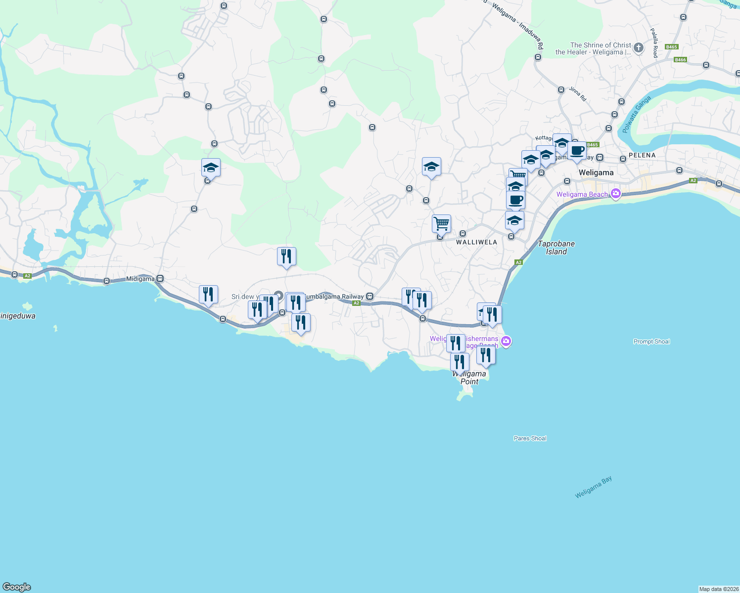 map of restaurants, bars, coffee shops, grocery stores, and more near Matara Road in Weligama