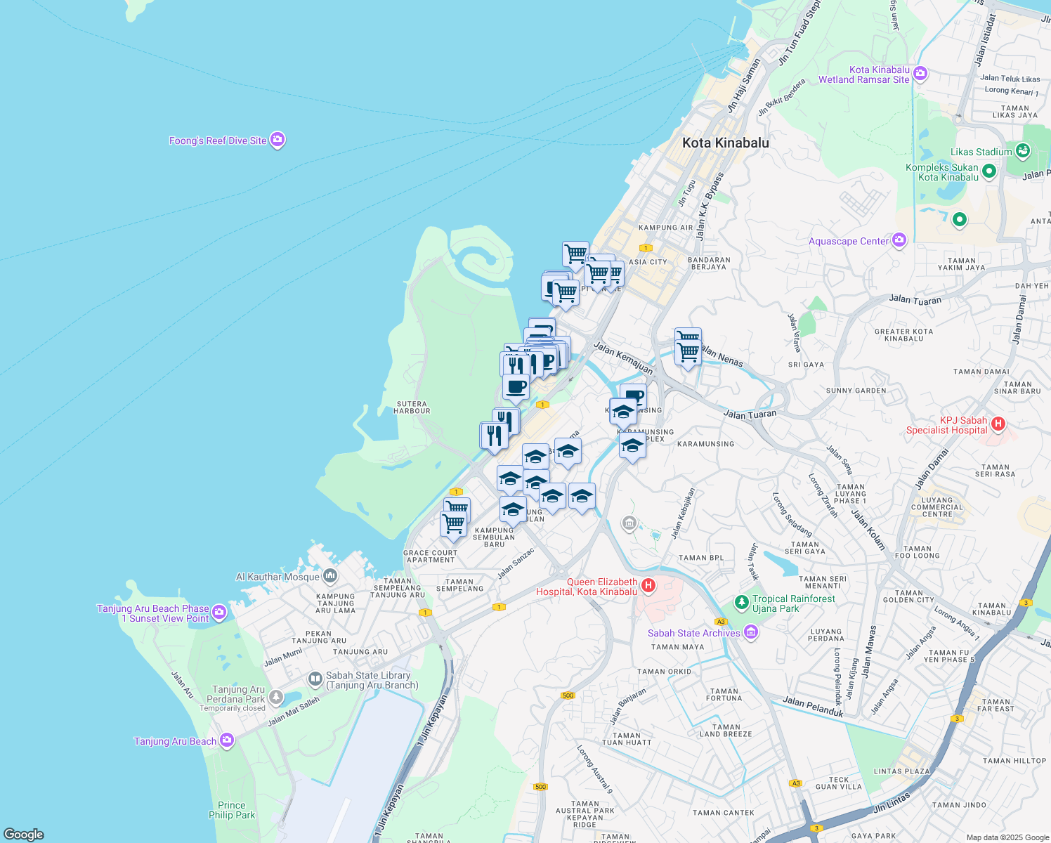 map of restaurants, bars, coffee shops, grocery stores, and more near Jalan Coastal in Kota Kinabalu