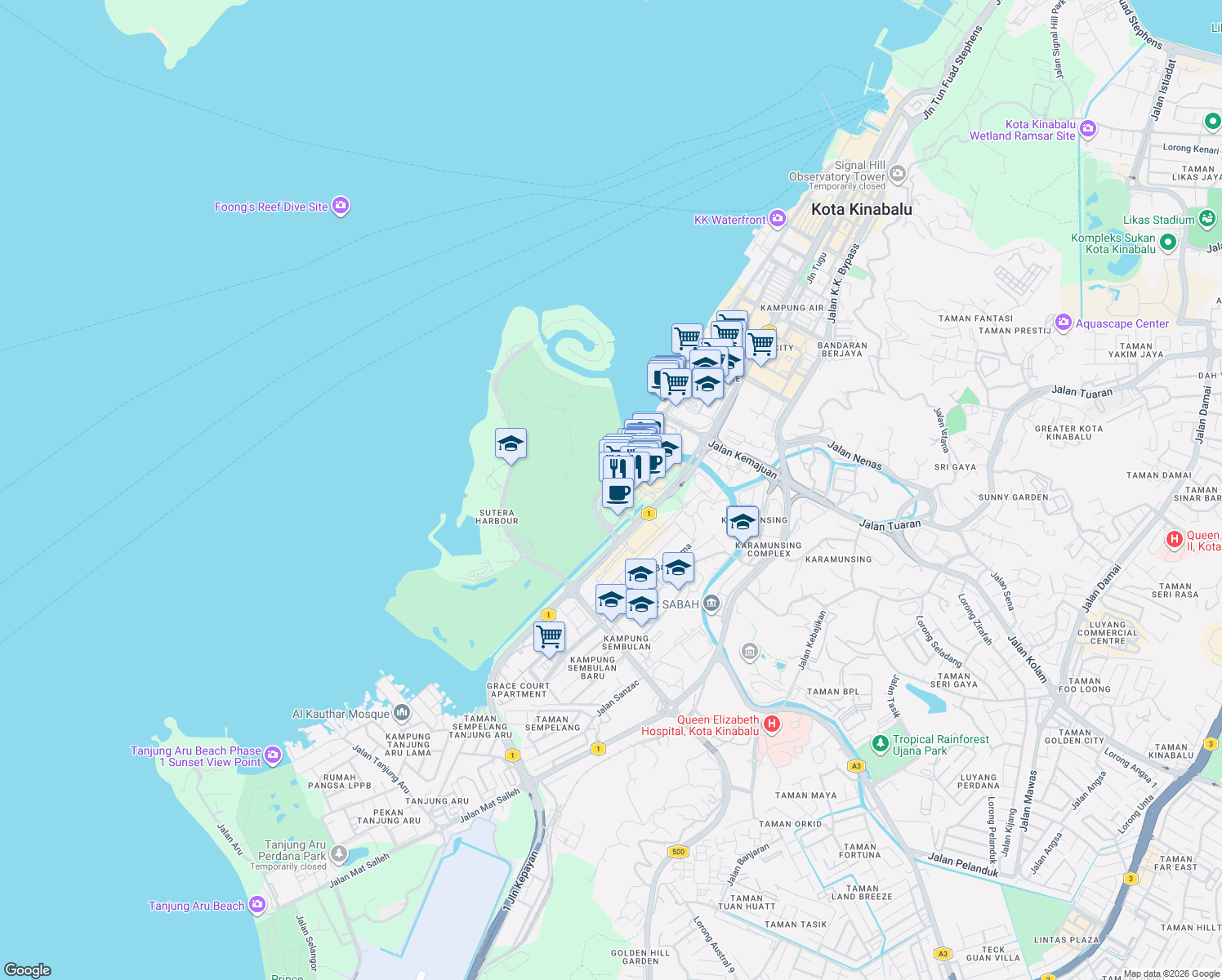 map of restaurants, bars, coffee shops, grocery stores, and more near Jalan Coastal in Kota Kinabalu