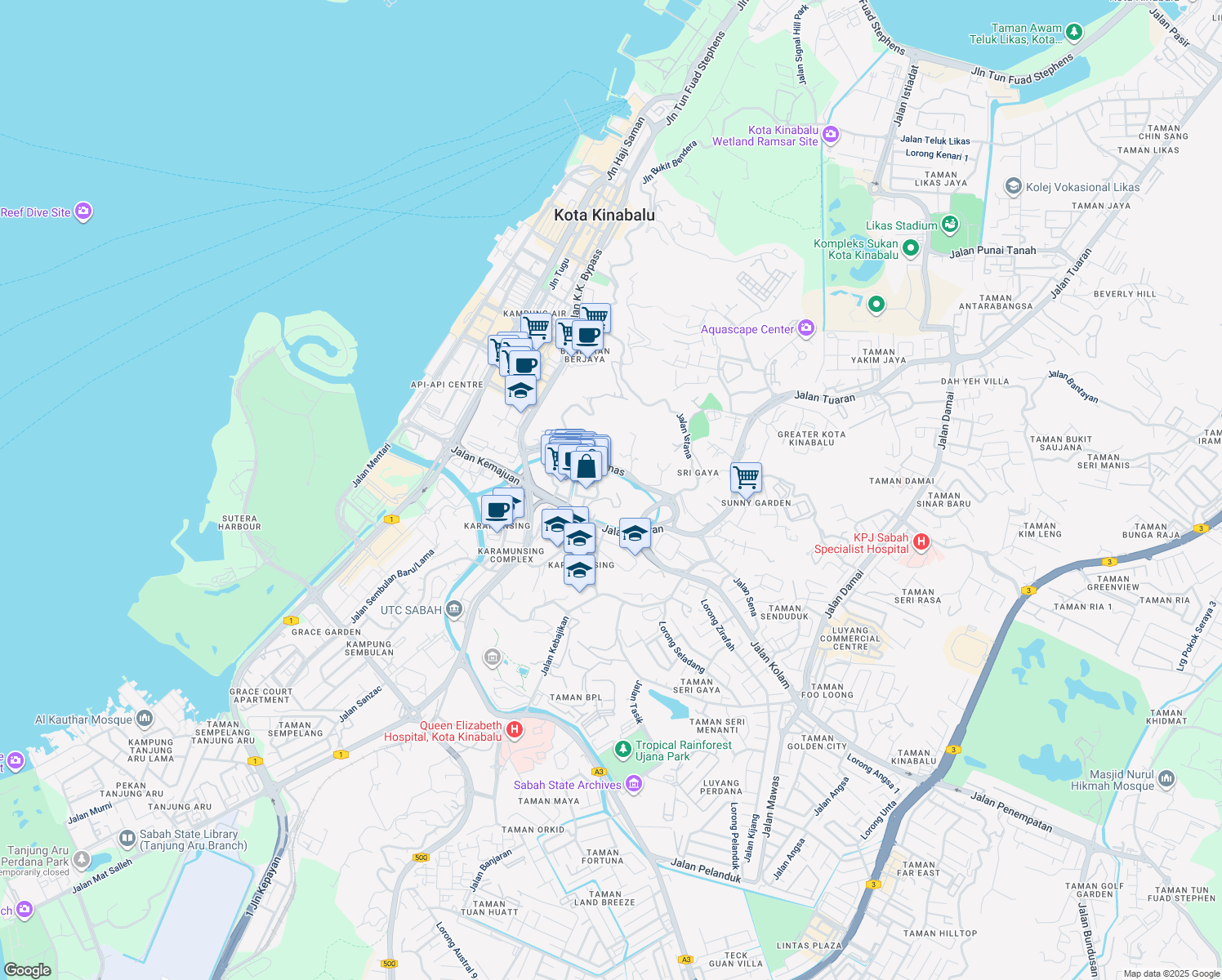 map of restaurants, bars, coffee shops, grocery stores, and more near in Kota Kinabalu