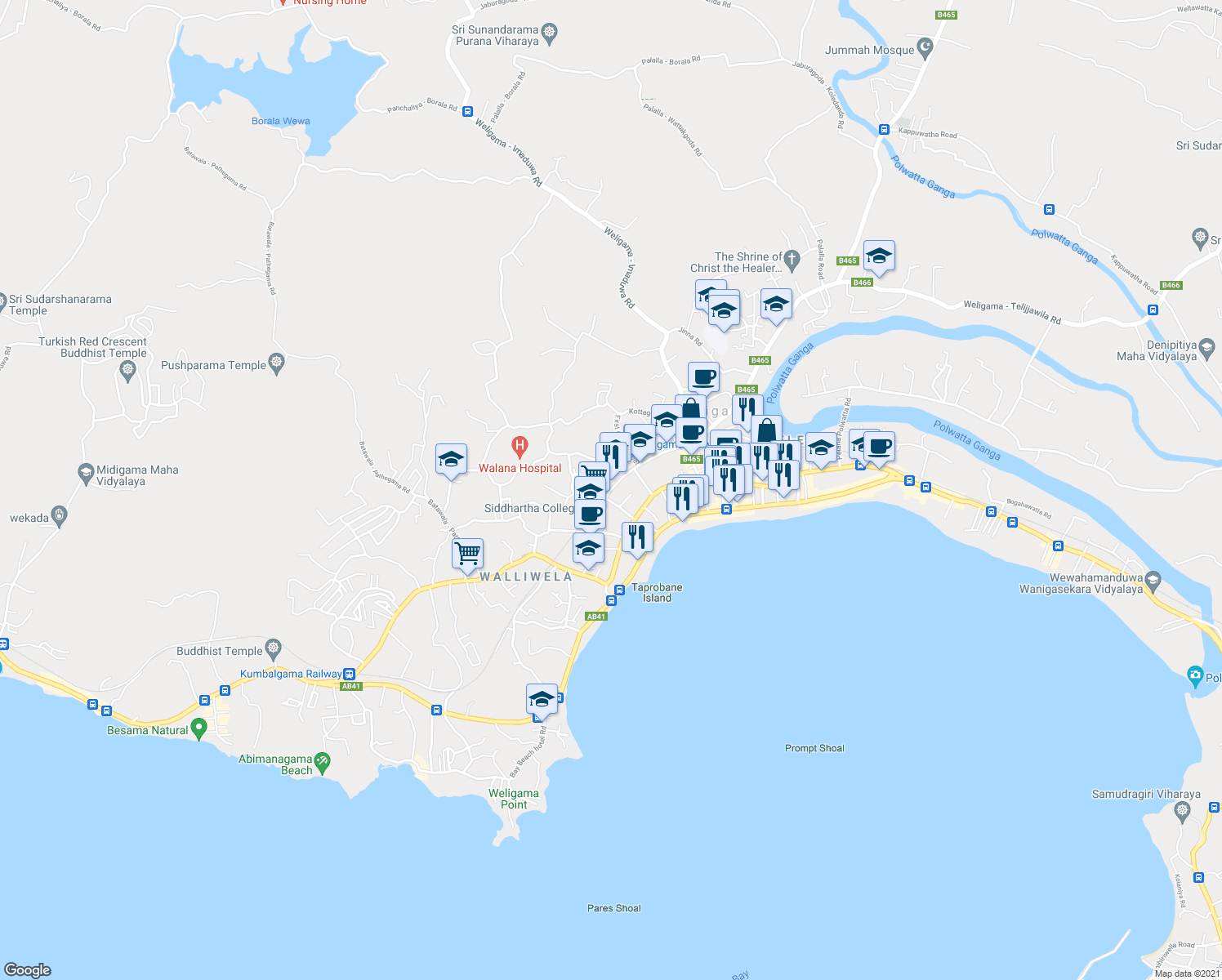 map of restaurants, bars, coffee shops, grocery stores, and more near Hetti Weediya in Weligama