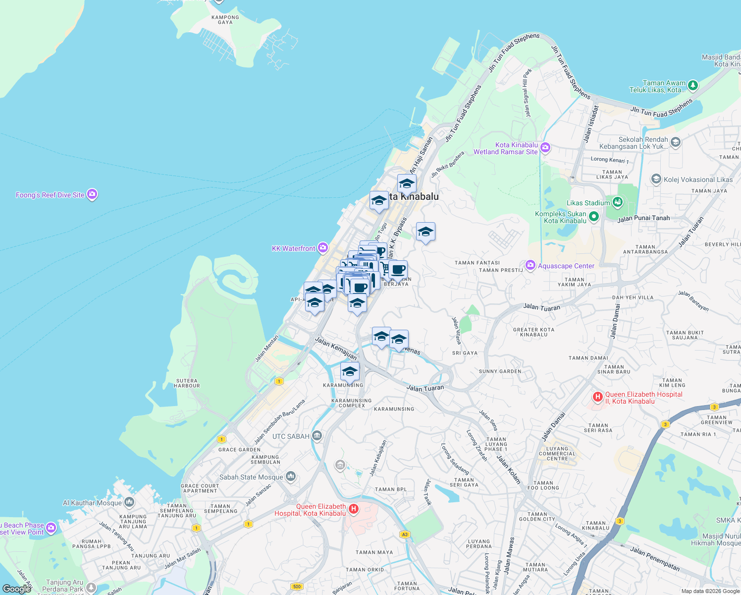 map of restaurants, bars, coffee shops, grocery stores, and more near Jalan Singgah Mata in Kota Kinabalu
