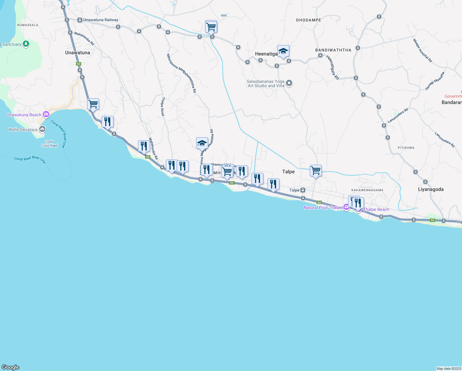 map of restaurants, bars, coffee shops, grocery stores, and more near 774B Colombo - Galle - Hambantota - Wellawaya Highway in Talpe