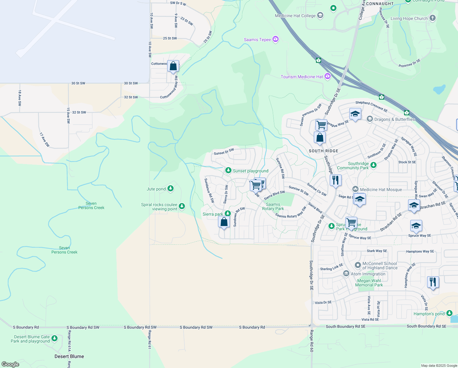 map of restaurants, bars, coffee shops, grocery stores, and more near 87 Sierra Drive Southwest in Medicine Hat